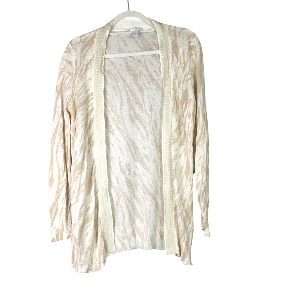 Chico's Sequin Trim Zebra Print‎ Linen Blend Open Front Cardigan 1 Neutral White